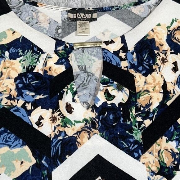 Haani Petite Floral Chevron Boho Mini Dress PM 3/4 Sleeve Keyhole Neck Stretchy - Picture 4 of 7